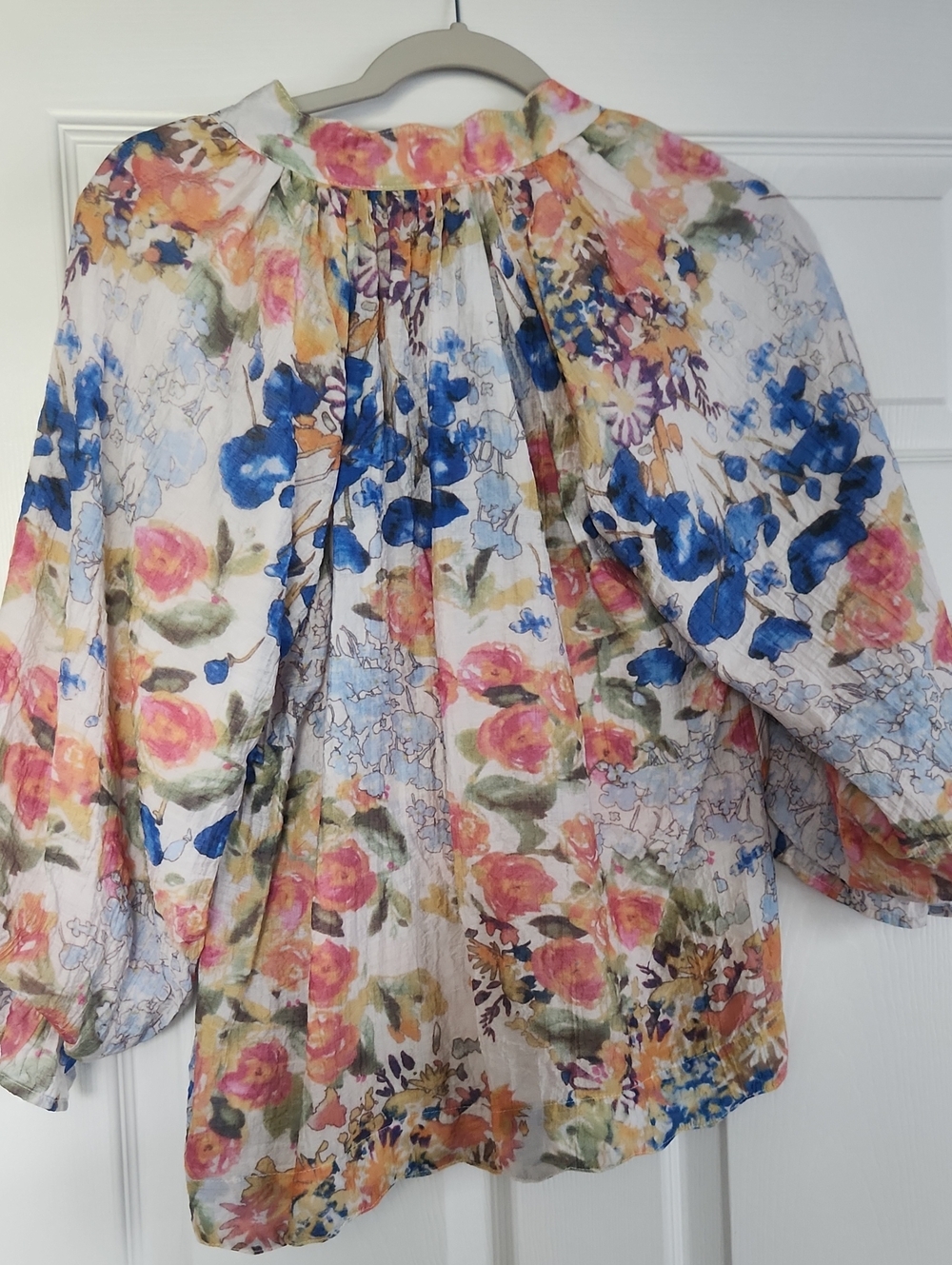 Umgee Floral V-Neck Lightweight Blouse - Blue, Pink, Yellow - Picture 4 of 4
